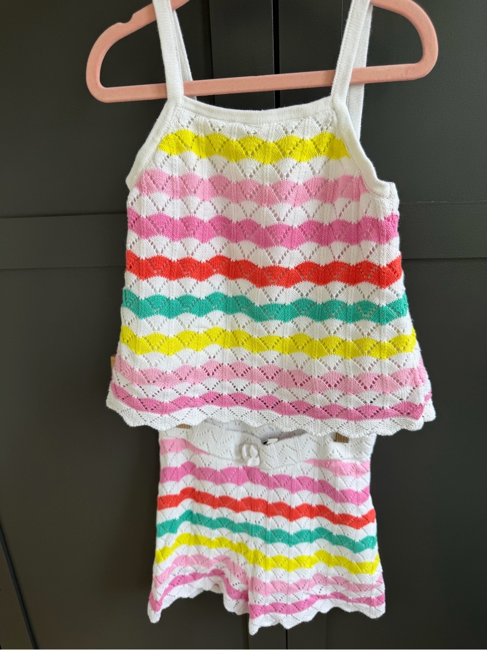Janie and Jack White Knit Tank & Shorts with Pastel Rainbow Stripes Scallop Trim